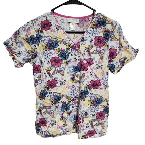 Scrubology Scrub Top Womens Size XS White Floral Short Sleeve Medical Uniform - Picture 1 of 3